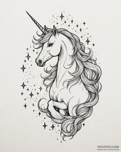 Tattoo sketch, unicorn with flowing mane of s... - эскиз тату (№1753224735_0, 22.07.2025 22:52) — Tatufoto.com
