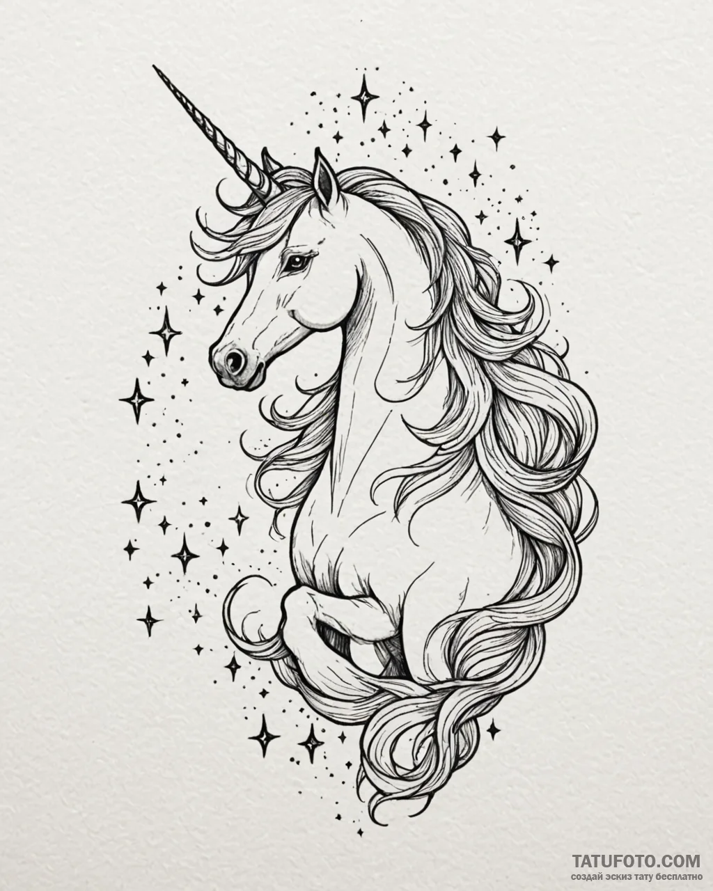 Tattoo sketch, unicorn with flowing mane of s… — эскиз тату (№1753224735_0, 22.07.2025 22:52) — Tatufoto.com