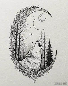 Tattoo sketch, lone wolf howling under cresce... - эскиз тату (№1753224903_0, 22.07.2025 22:55) — Tatufoto.com