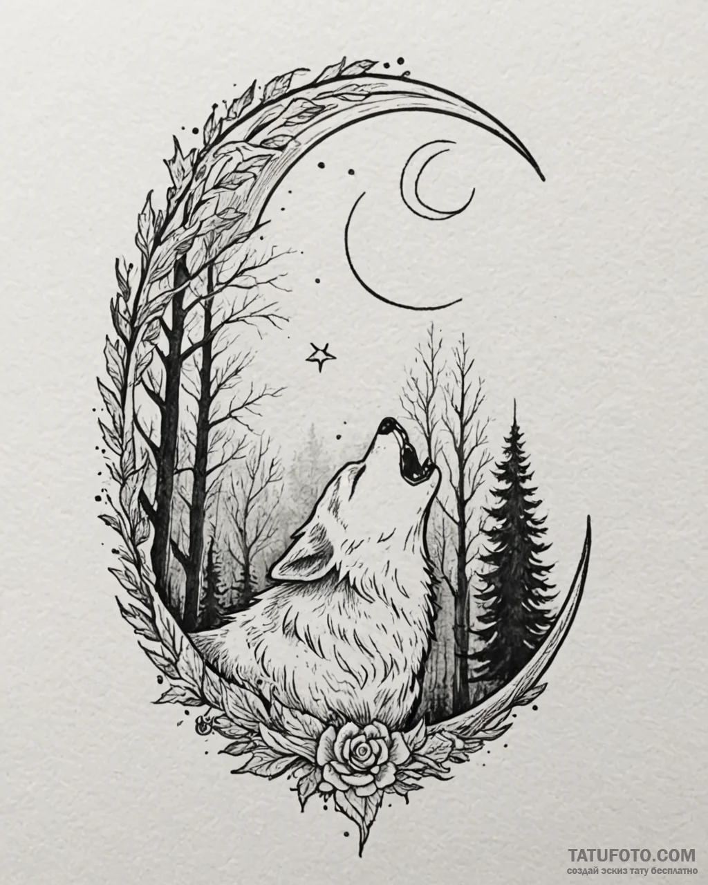 Tattoo sketch, lone wolf howling under cresce... - эскиз тату (№1753224903_0, 22.07.2025 22:55) — Tatufoto.com