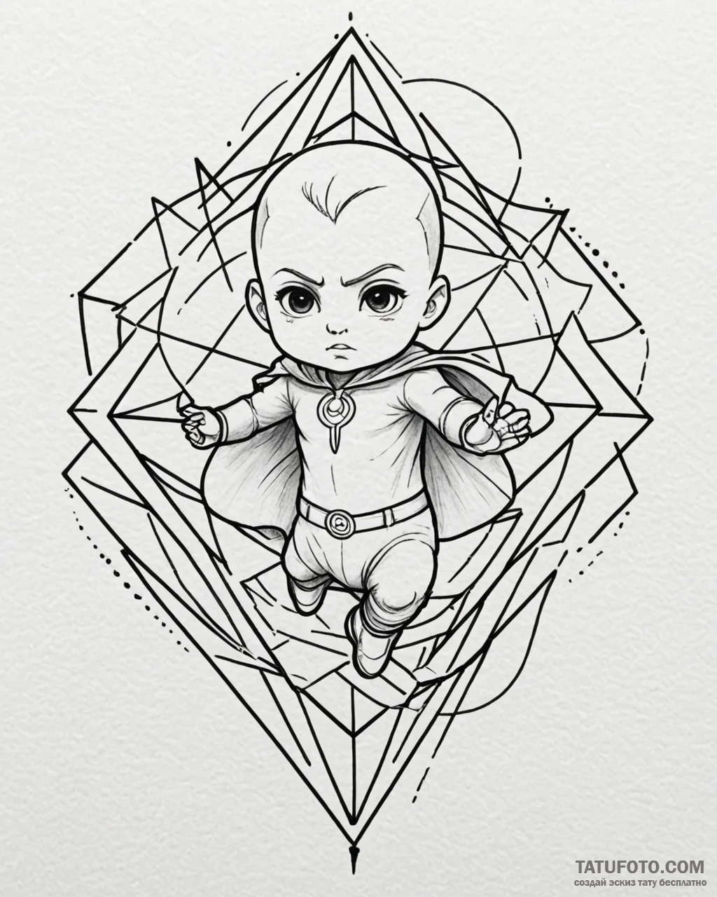 Tattoo sketch, boss baby flying with cape, su... - эскиз тату (№1753225243_0, 22.07.2025 23:00) — Tatufoto.com