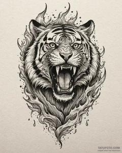 Tattoo sketch, tiger roaring with flames burs... - эскиз тату (№1753226172_0, 22.07.2025 23:16) — Tatufoto.com