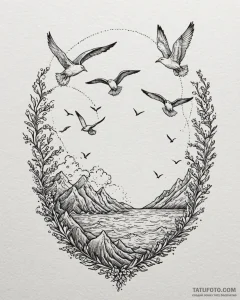 Tattoo sketch, seagulls soaring over vast oce... - эскиз тату (№1753226595_0, 22.07.2025 23:23) — Tatufoto.com