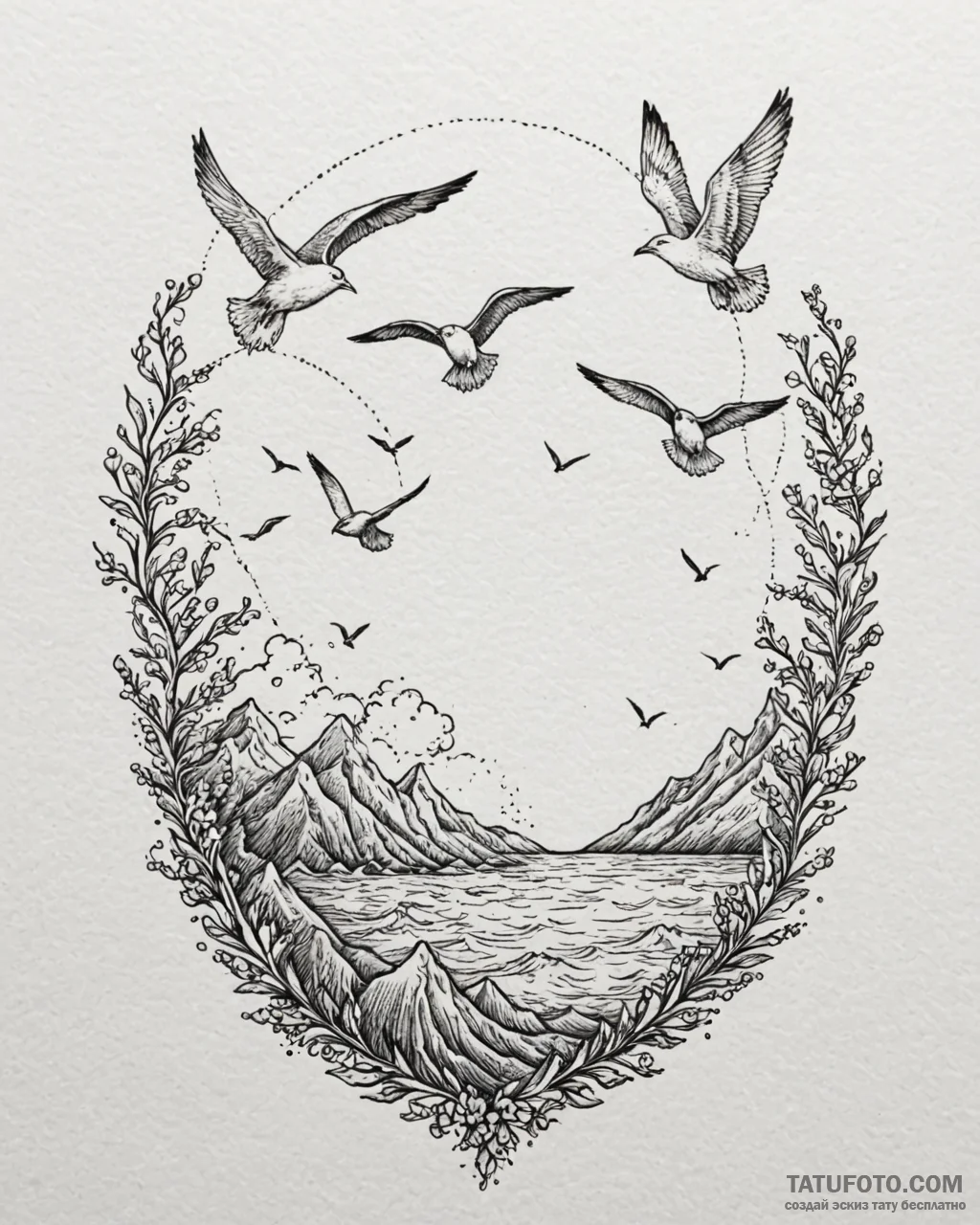 Tattoo sketch, seagulls soaring over vast oce… — эскиз тату (№1753226595_0, 22.07.2025 23:23) — Tatufoto.com