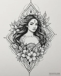 Tattoo sketch, moana with flowing hair and tr... - эскиз тату (№1753227339_0, 22.07.2025 23:35) — Tatufoto.com