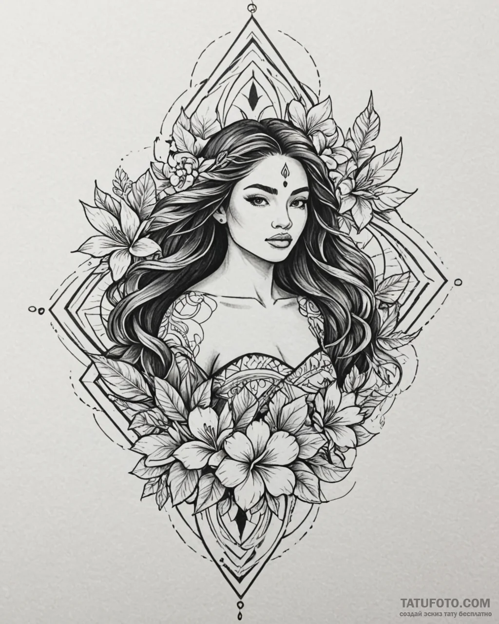 Tattoo sketch, moana with flowing hair and tr… — эскиз тату (№1753227339_0, 22.07.2025 23:35) — Tatufoto.com