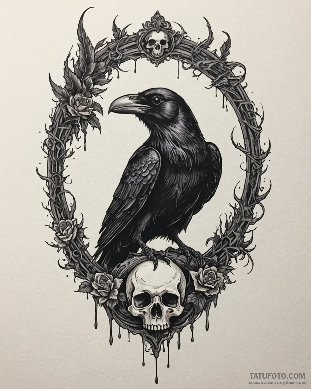 Tattoo sketch, raven perched on ancient skull... - эскиз тату (№1753227589_0, 22.07.2025 23:39) — Tatufoto.com