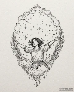Tat tattoo sketch, dreamer floating above clo... - эскиз тату (№1753228085_0, 22.07.2025 23:48) — Tatufoto.com