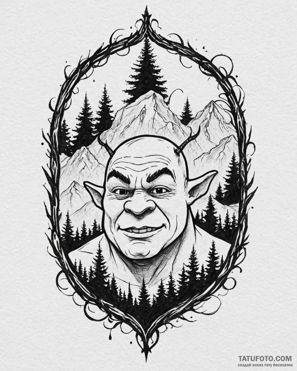 Eskizto, tattoo sketch, shrek silhouette with... - эскиз тату (№1753267401_0, 23.07.2025 10:43) — Tatufoto.com