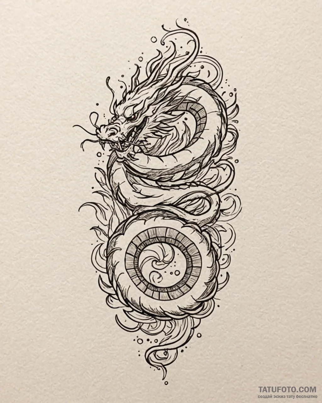 Tattoo sketch, mushu with fiery tail swirling... - эскиз тату (№1753268197_0, 23.07.2025 10:56) — Tatufoto.com