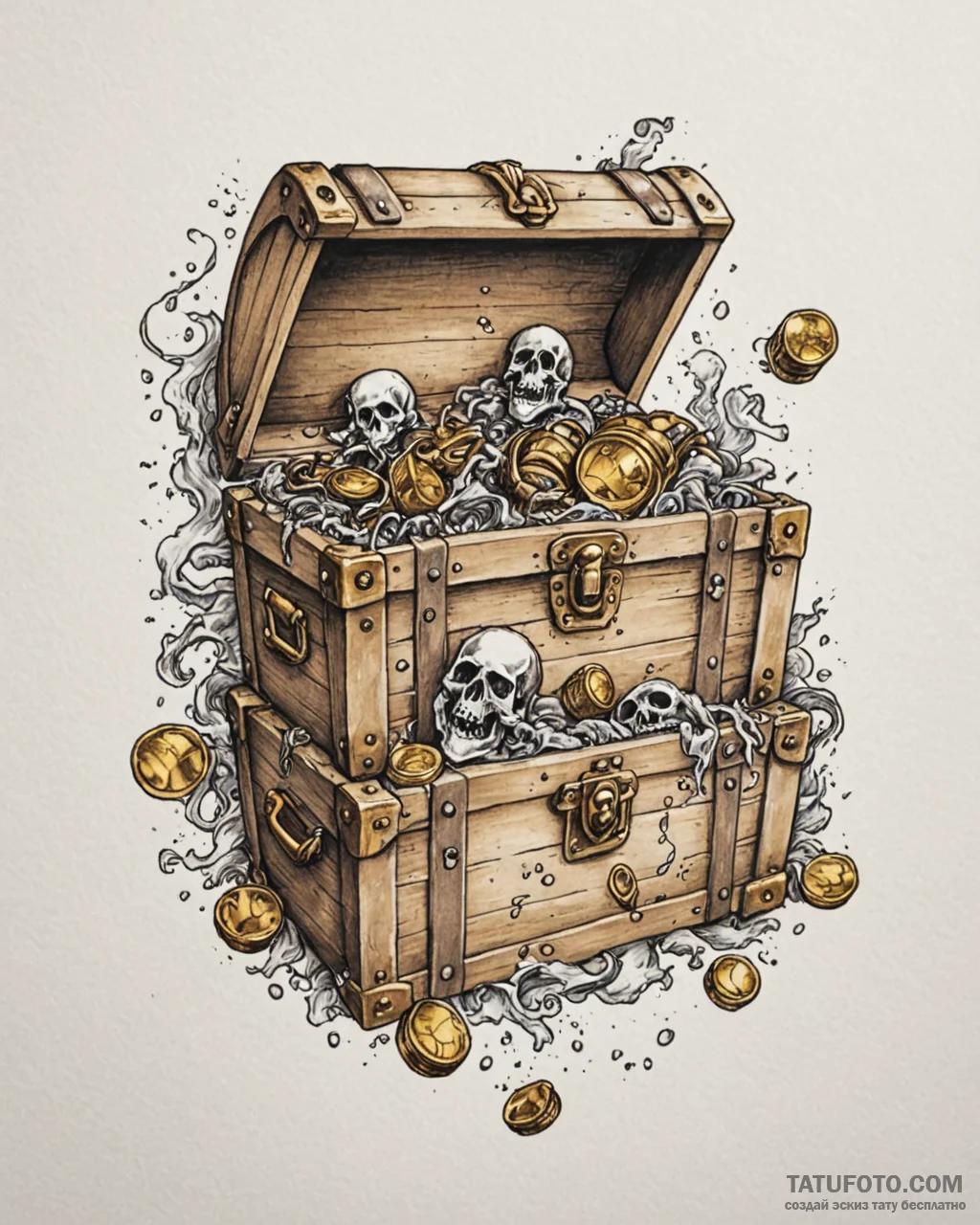 Tat tattoo sketch, pirate treasure chest spil... - эскиз тату (№1753269582_0, 23.07.2025 11:19) — Tatufoto.com