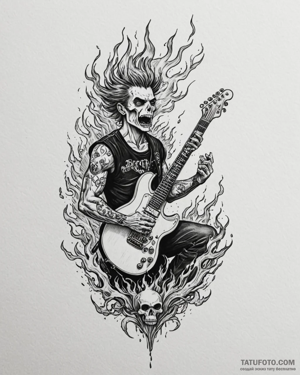 Tattoo sketch, rocker playing electric guitar... - эскиз тату (№1753270024_0, 23.07.2025 11:27) — Tatufoto.com