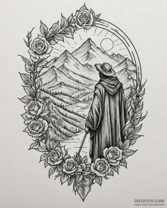 Tat tattoo sketch, traveler standing on mount... - эскиз тату (№1753270290_0, 23.07.2025 11:31) — Tatufoto.com