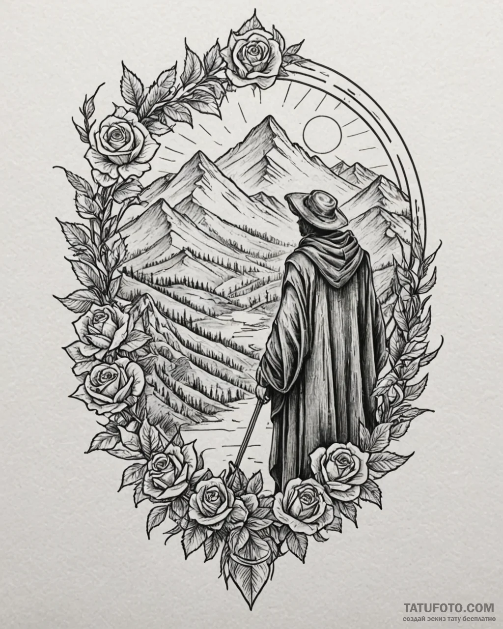 Tat tattoo sketch, traveler standing on mount... - эскиз тату (№1753270290_0, 23.07.2025 11:31) — Tatufoto.com