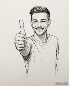 Tattoo sketch, kevin with thumbs up and smile... - эскиз тату (№1753270467_0, 23.07.2025 11:34) — Tatufoto.com