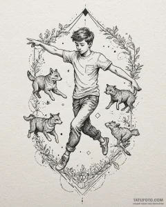 Tat tattoo sketch, the boy dancing with anima... - эскиз тату (№1753270994_0, 23.07.2025 11:43) — Tatufoto.com