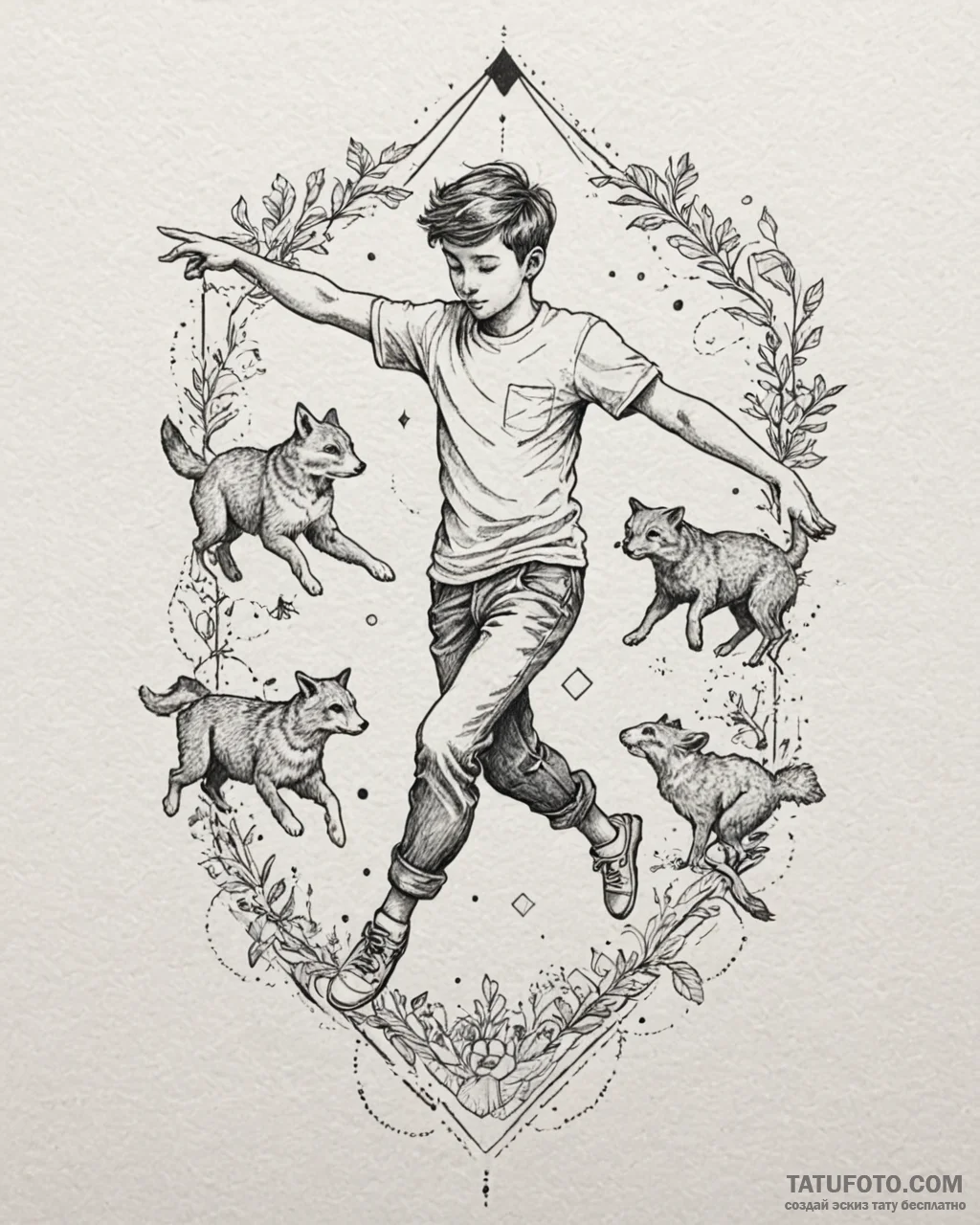 Tat tattoo sketch, the boy dancing with anima... - эскиз тату (№1753270994_0, 23.07.2025 11:43) — Tatufoto.com