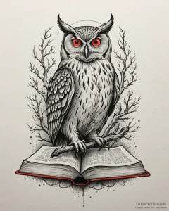 Tattoo sketch, owl with glowing eyes perched... - эскиз тату (№1753271175_0, 23.07.2025 11:46) — Tatufoto.com