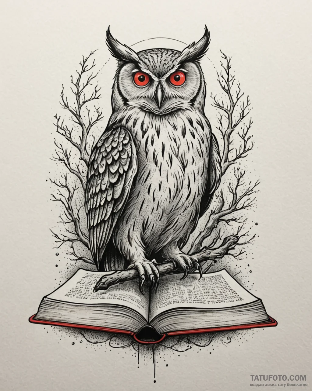 Tattoo sketch, owl with glowing eyes perched... - эскиз тату (№1753271175_0, 23.07.2025 11:46) — Tatufoto.com