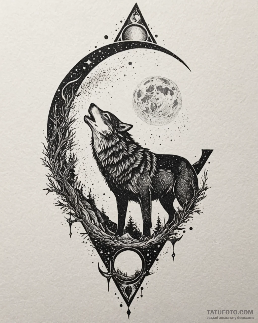 Tat tattoo sketch, full moon glowing over sil... - эскиз тату (№1753271264_0, 23.07.2025 11:47) — Tatufoto.com