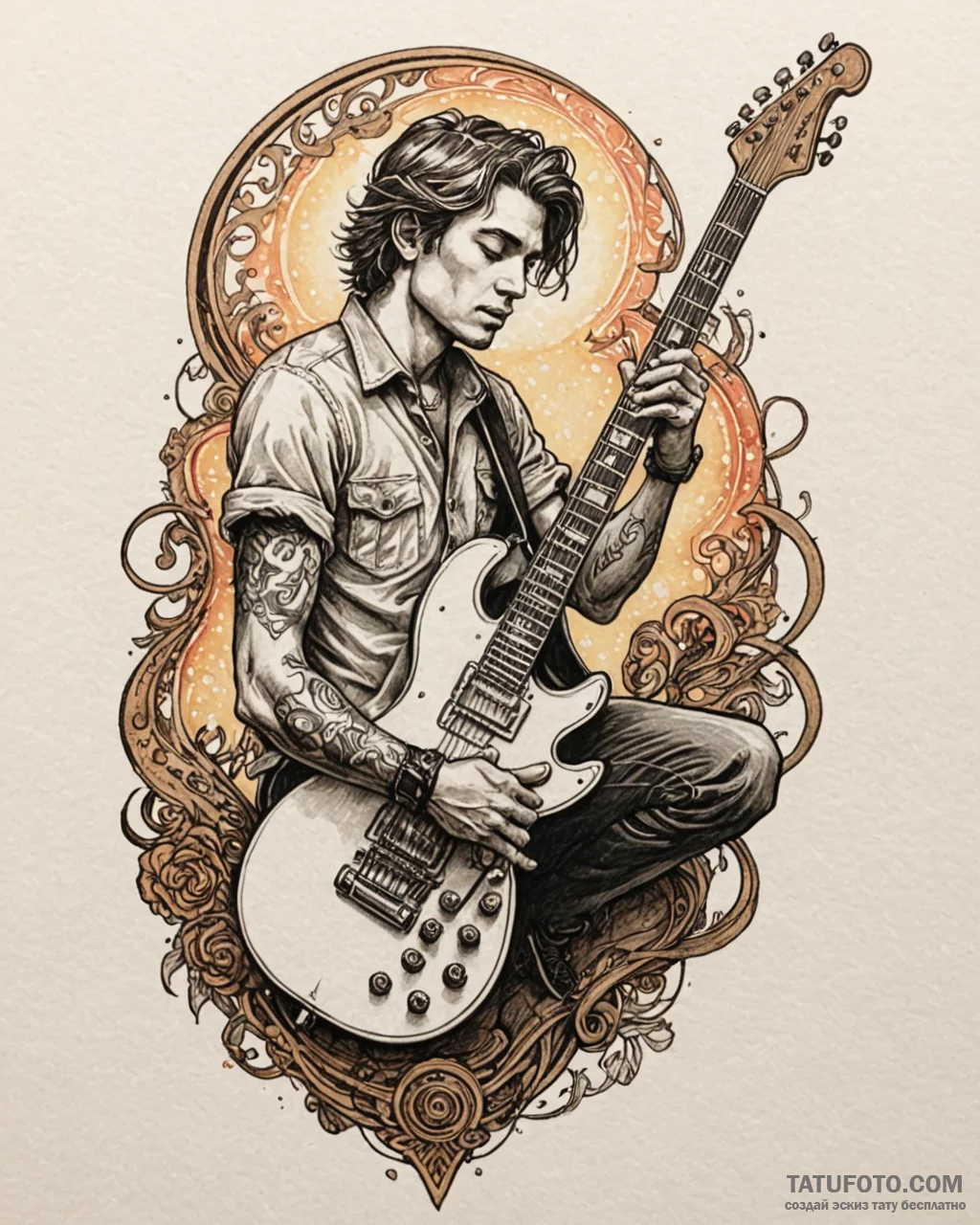 Tattoo sketch, musician playing electric guit... - эскиз тату (№1753271443_0, 23.07.2025 11:50) — Tatufoto.com