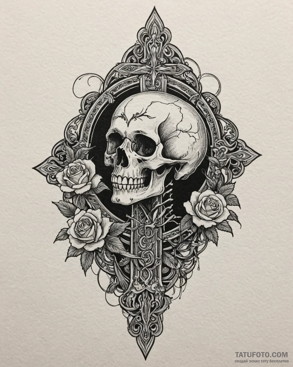 Tattoo sketch, gothic cross with skull at cen... - эскиз тату (№1753272696_0, 23.07.2025 12:11) — Tatufoto.com