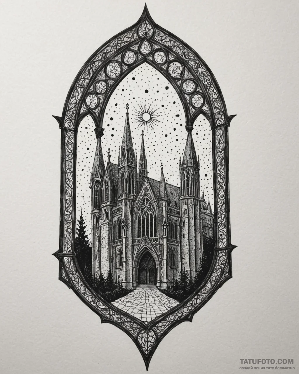 Tattoo sketch, gothic cathedral silhouette wi... - эскиз тату (№1753272870_0, 23.07.2025 12:14) — Tatufoto.com