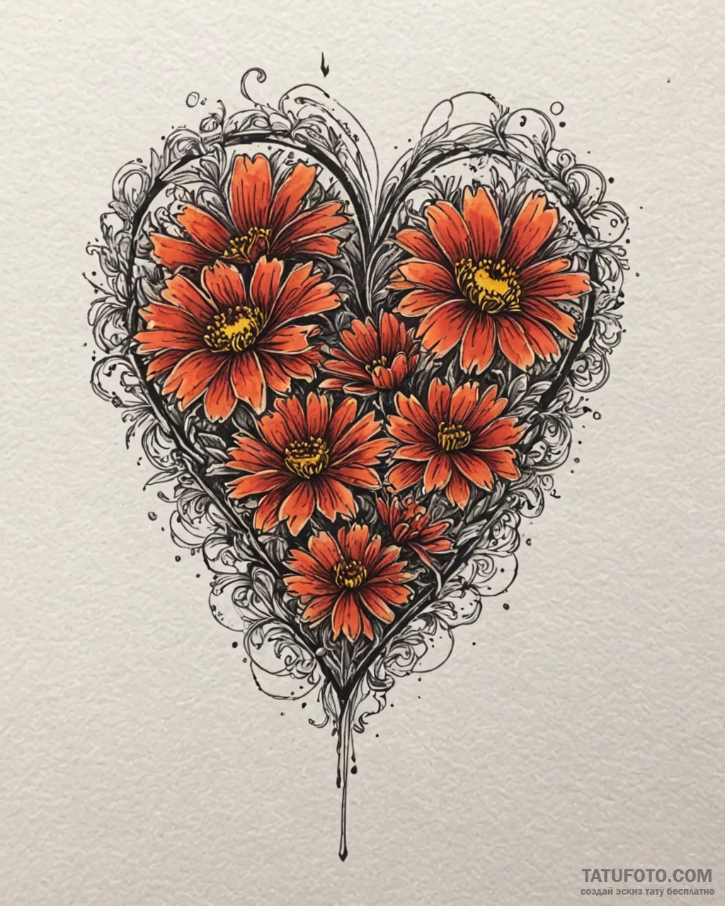 Tattoo sketch, marigold flowers forming heart... - эскиз тату (№1753272962_0, 23.07.2025 12:16) — Tatufoto.com