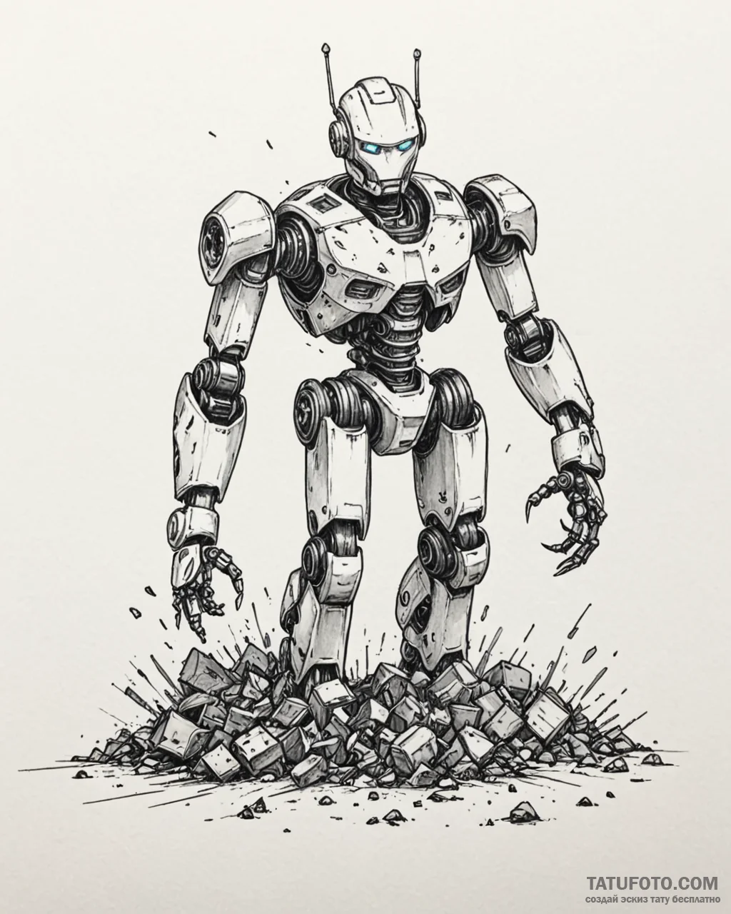 Tattoo sketch, robots crumbling in debris, sy… — эскиз тату (№1753273319_0, 23.07.2025 12:21) — Tatufoto.com