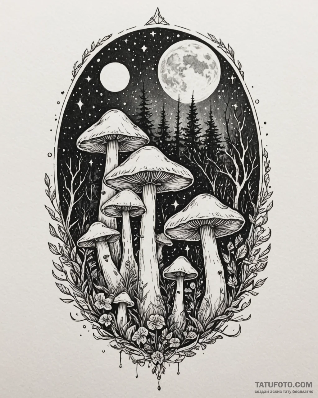 Tat tattoo sketch, enchanted mushrooms glowin... - эскиз тату (№1753274477_0, 23.07.2025 12:41) — Tatufoto.com