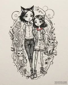 Tattoo sketch, coraline and cat walking toget... - эскиз тату (№1753274831_0, 23.07.2025 12:47) — Tatufoto.com
