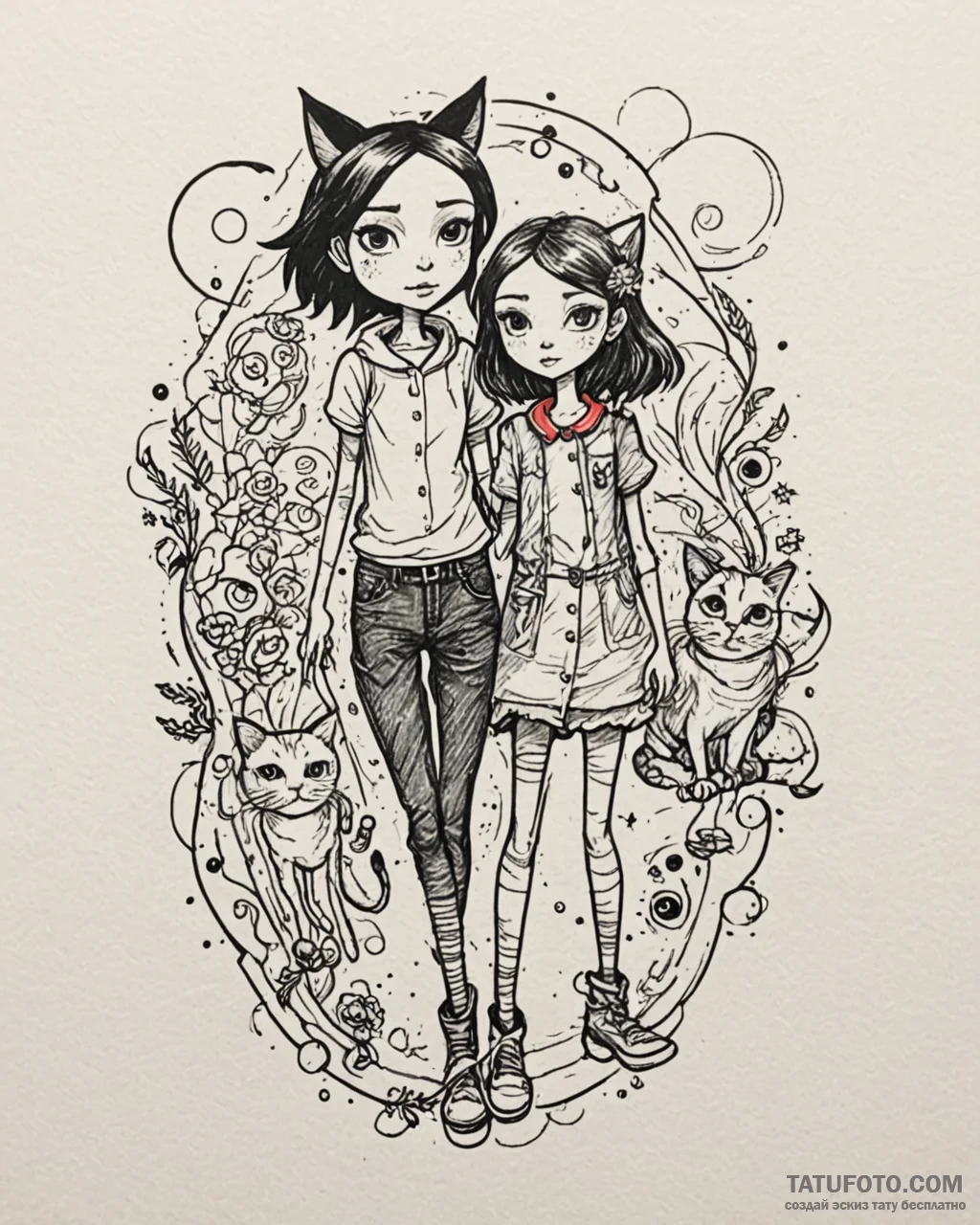 Tattoo sketch, coraline and cat walking toget... - эскиз тату (№1753274831_0, 23.07.2025 12:47) — Tatufoto.com