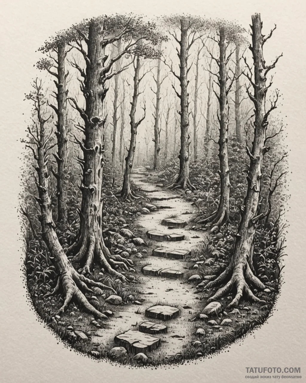 Tat tattoo sketch, forest path winding betwee… — эскиз тату (№1753275200_0, 23.07.2025 12:53) — Tatufoto.com