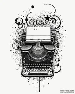 Tat tattoo sketch, typewriter with ink splatt... - эскиз тату (№1753275813_0, 23.07.2025 13:03) — Tatufoto.com