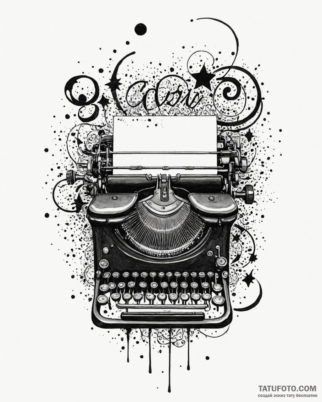 Tat tattoo sketch, typewriter with ink splatt... - эскиз тату (№1753275813_0, 23.07.2025 13:03) — Tatufoto.com