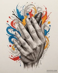 Tat tattoo sketch, painter’s hand mixing vivi... - эскиз тату (№1753277309_0, 23.07.2025 13:28) — Tatufoto.com