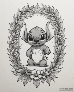 Tattoo sketch, lilo and stitch with palm leav... - эскиз тату (№1753277488_0, 23.07.2025 13:31) — Tatufoto.com