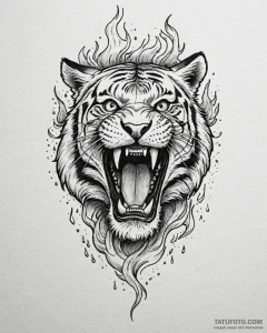 Tattoo sketch, tiger roaring with flames burs... - эскиз тату (№1753277662_0, 23.07.2025 13:34) — Tatufoto.com