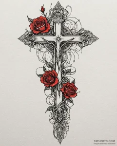 Tattoo sketch, ornate cross entwined with ros... - эскиз тату (№1753278452_0, 23.07.2025 13:47) — Tatufoto.com