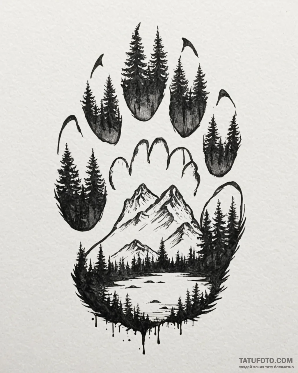 Tattoo sketch, kenai paw print with forest re... - эскиз тату (№1753279839_0, 23.07.2025 14:10) — Tatufoto.com
