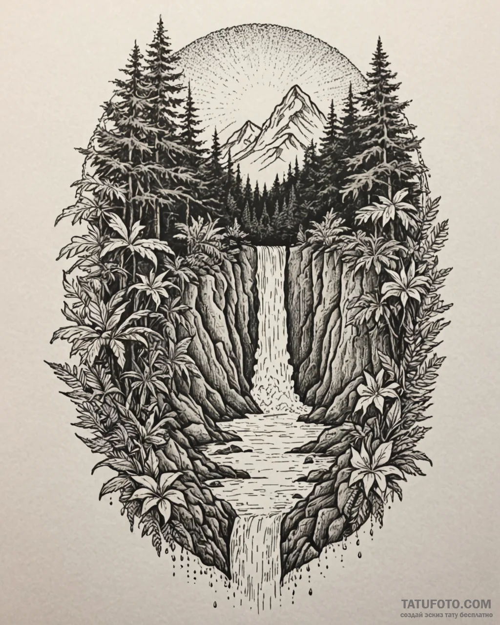 Tattoo sketch, el dorado jungle with waterfal… — эскиз тату (№1753280695_0, 23.07.2025 14:24) — Tatufoto.com