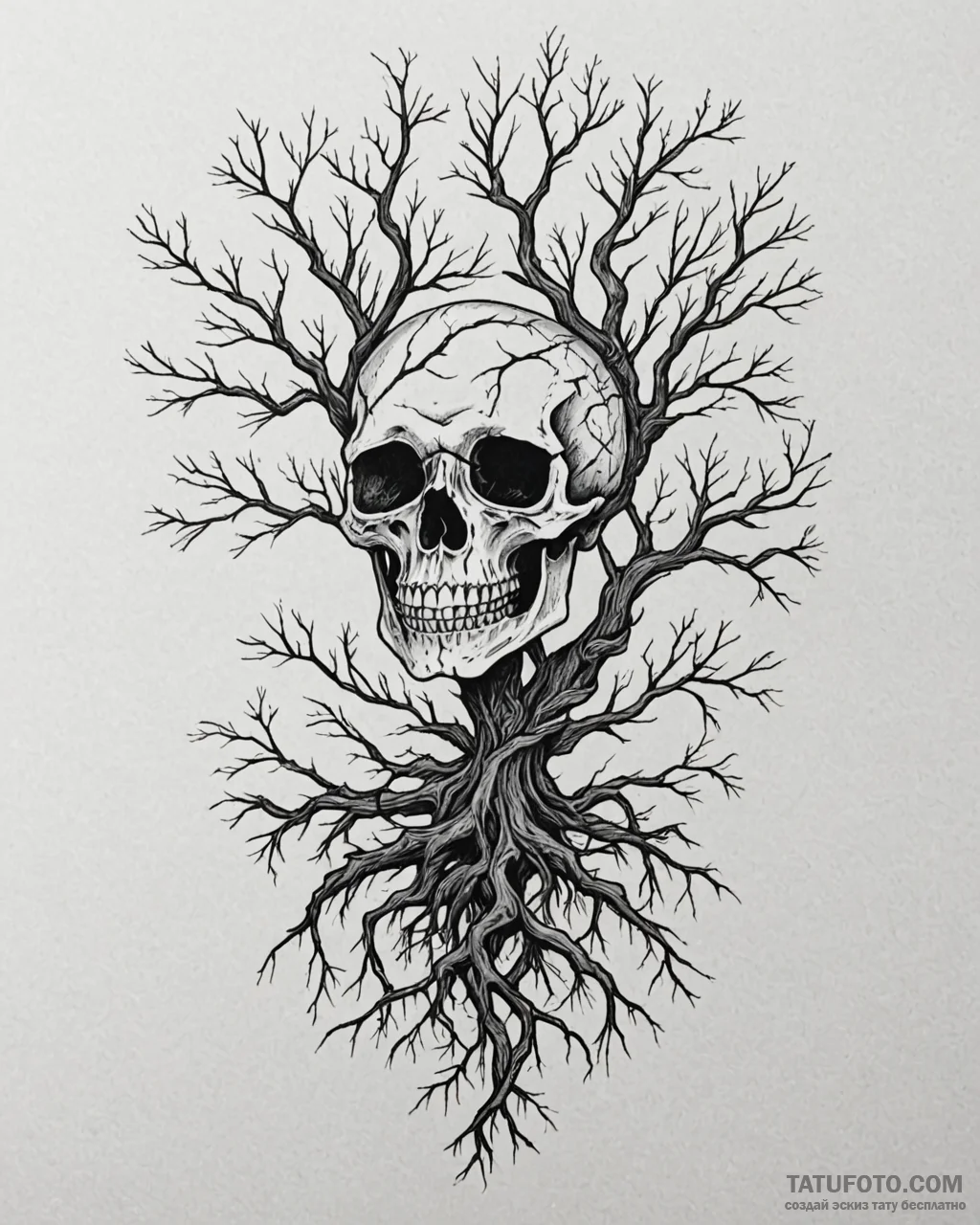 Tattoo sketch, skull with twisted tree branch... - эскиз тату (№1753281214_0, 23.07.2025 14:33) — Tatufoto.com