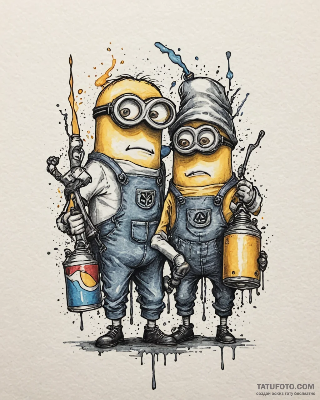 Tattoo sketch, minions with spray paint cans,… — эскиз тату (№1753282097_0, 23.07.2025 14:48) — Tatufoto.com