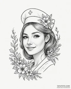 Tat tattoo sketch, nurse’s cap with soft flor... - эскиз тату (№1753283761_0, 23.07.2025 15:16) — Tatufoto.com
