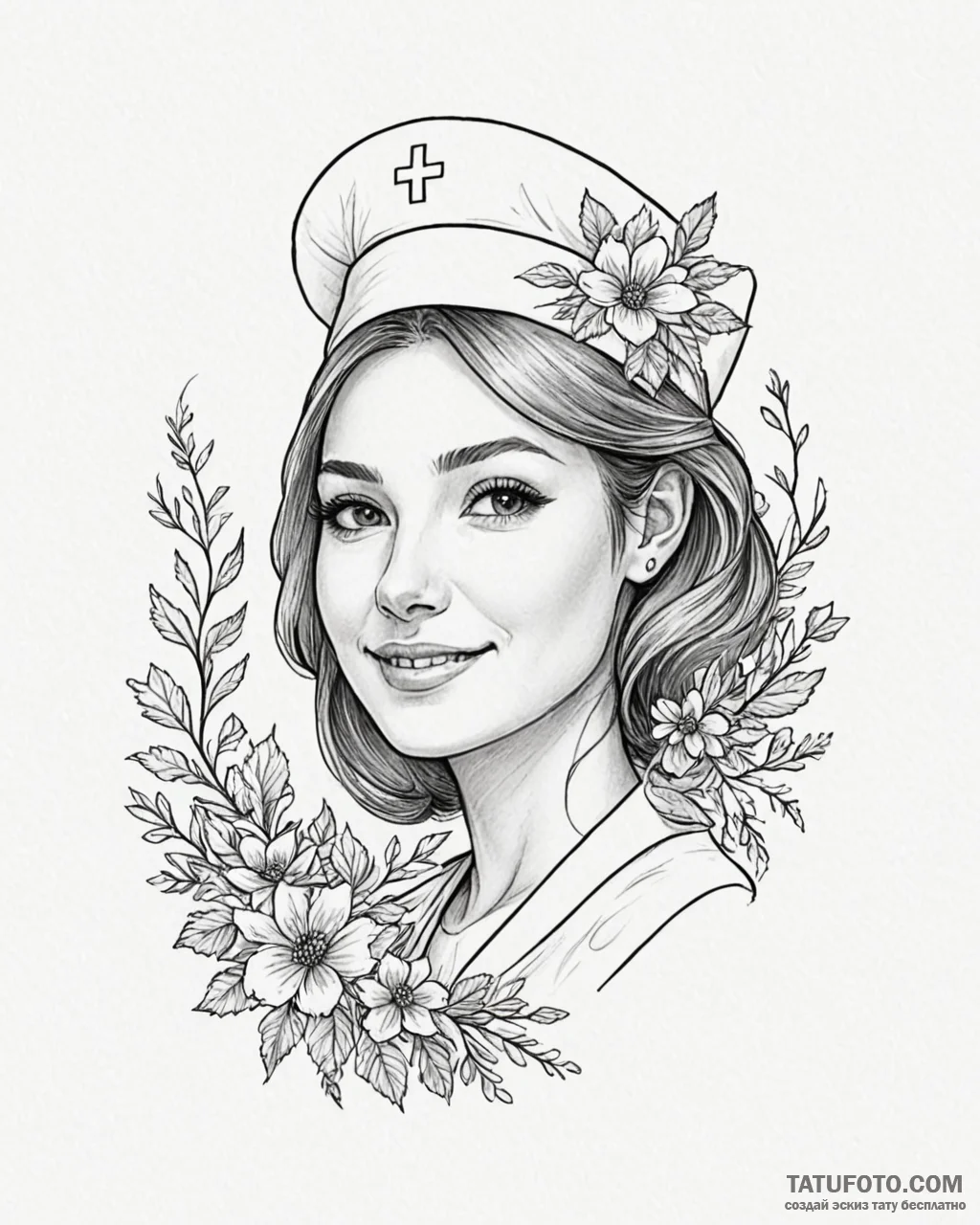 Tat tattoo sketch, nurse’s cap with soft flor... - эскиз тату (№1753283761_0, 23.07.2025 15:16) — Tatufoto.com