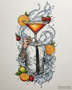 Tat tattoo sketch, bartender pouring vibrant... - эскиз тату (№1753284912_0, 23.07.2025 15:35) — Tatufoto.com