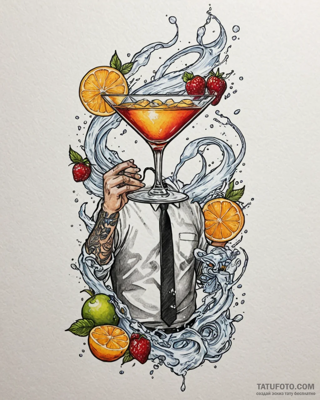Tat tattoo sketch, bartender pouring vibrant... - эскиз тату (№1753284912_0, 23.07.2025 15:35) — Tatufoto.com