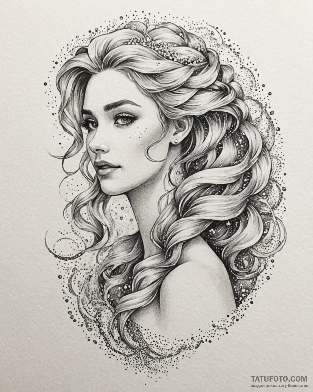 Tattoo sketch, elsa with flowing icy hair, et... - эскиз тату (№1753285700_0, 23.07.2025 15:48) — Tatufoto.com