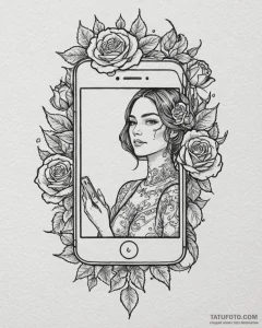 Tattoo sketch, katie holding smartphone with... - эскиз тату (№1753286458_0, 23.07.2025 16:00) — Tatufoto.com