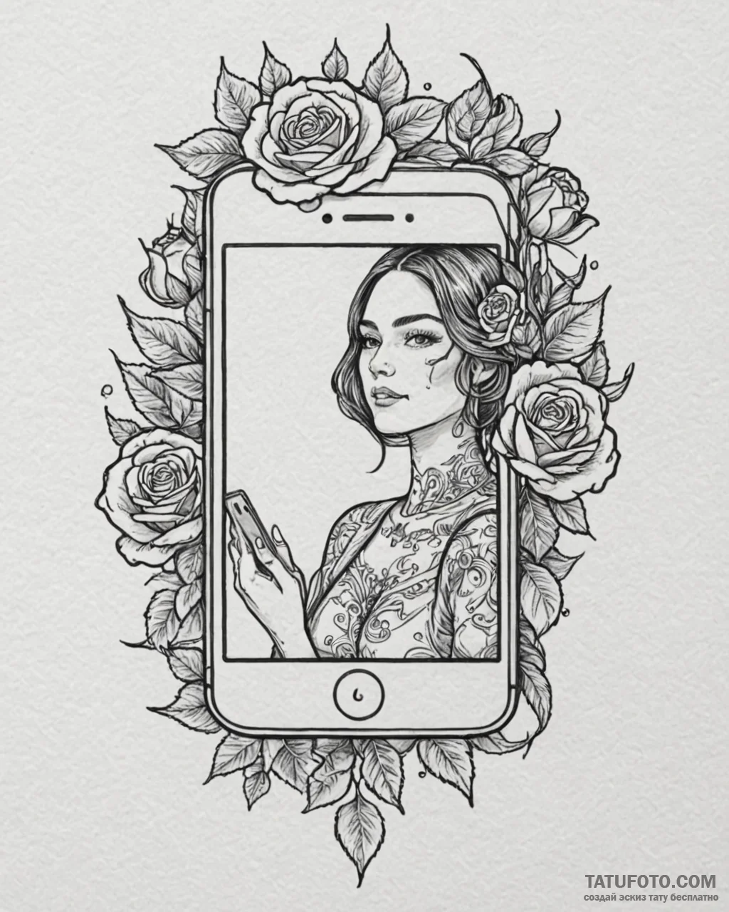 Tattoo sketch, katie holding smartphone with… — эскиз тату (№1753286458_0, 23.07.2025 16:00) — Tatufoto.com